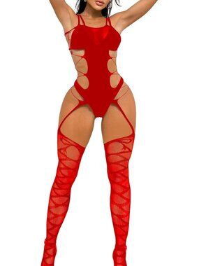 Women's Red Casual Sparkle Rhinestone Fishnet Sleeveless Lingerie Sets